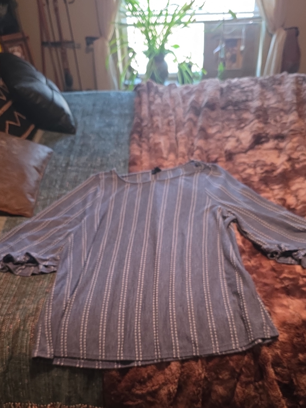 W5 Blue Striped Long Sleeve Ruffle Cuff Top